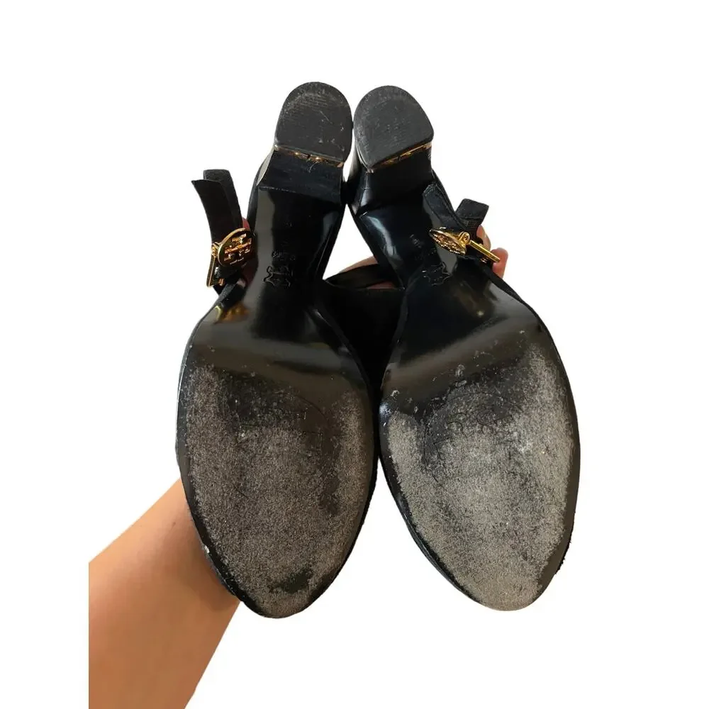 Tory Burch Black Gold Suede Slingback Block Platform Heels Size 9.5